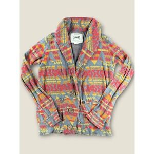 Obey Propaganda Southwestern Geometric Shawl Collar Cardigan Grey Red Small